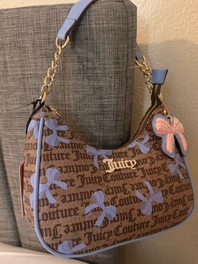 Juicy Couture Brown Monogram Shoulder Bag with Blue Bow Accents